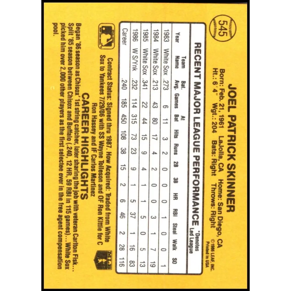 1987 Donruss #545 Joel Skinner EX Excellent New York Yankees Baseball Card Image 2