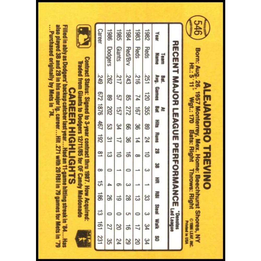 1987 Donruss #546 Alex Trevino EX Excellent Los Angeles Dodgers Baseball Card Image 2