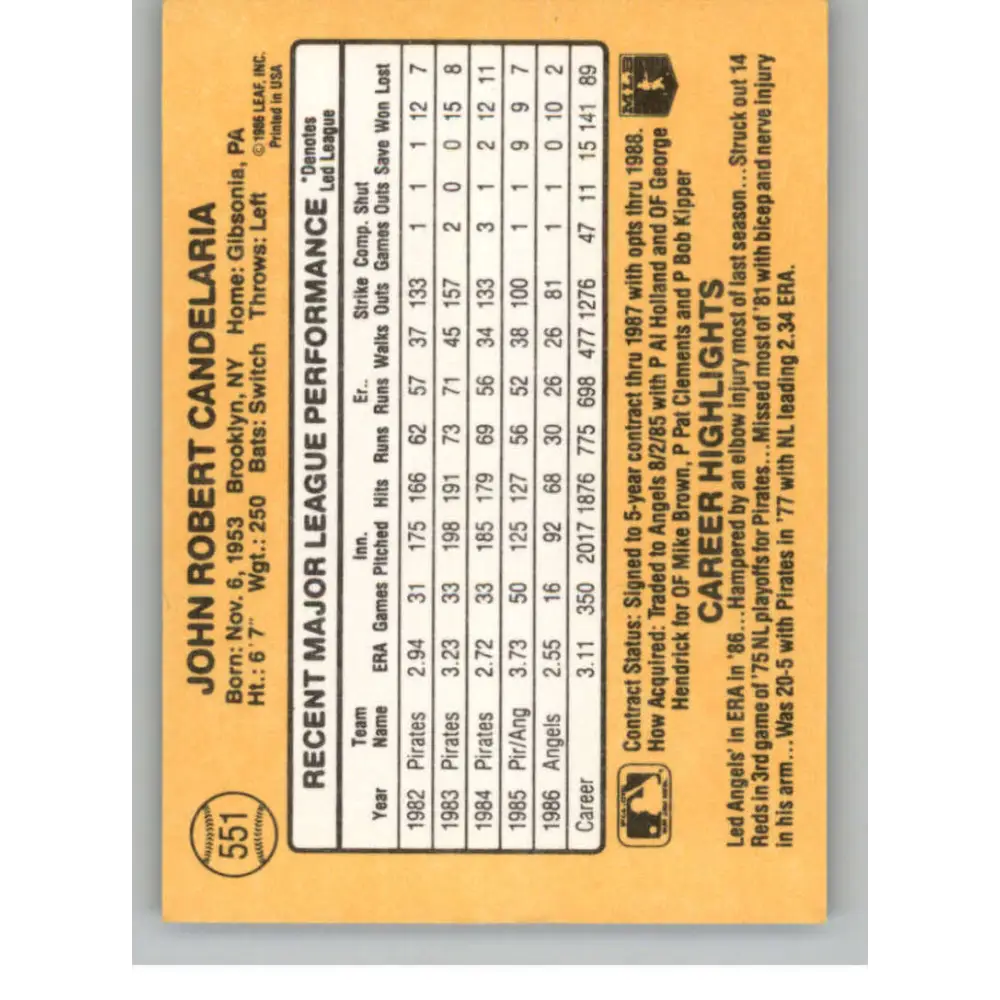 1987 Donruss #551 John Candelaria EX Excellent California Angels Baseball Card Image 2