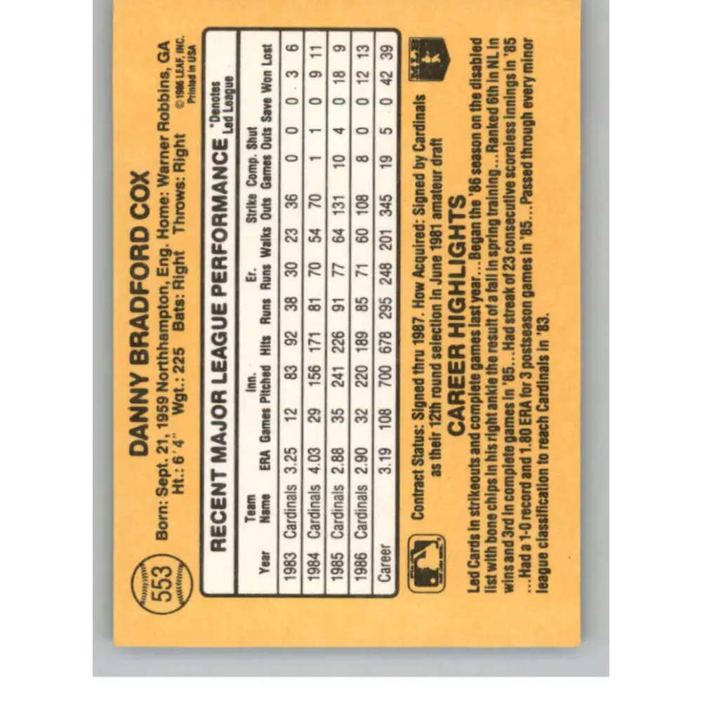 1987 Donruss #553 Danny Cox EX Excellent St. Louis Cardinals Baseball Card Image 2