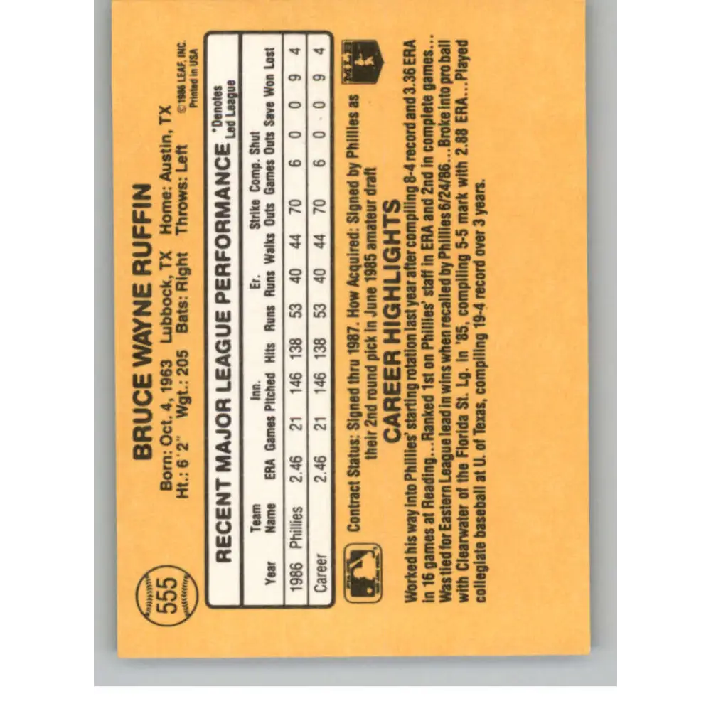 1987 Donruss #555 Bruce Ruffin EX Excellent RC Rookie Philadelphia Phillies Baseball Card Image 2