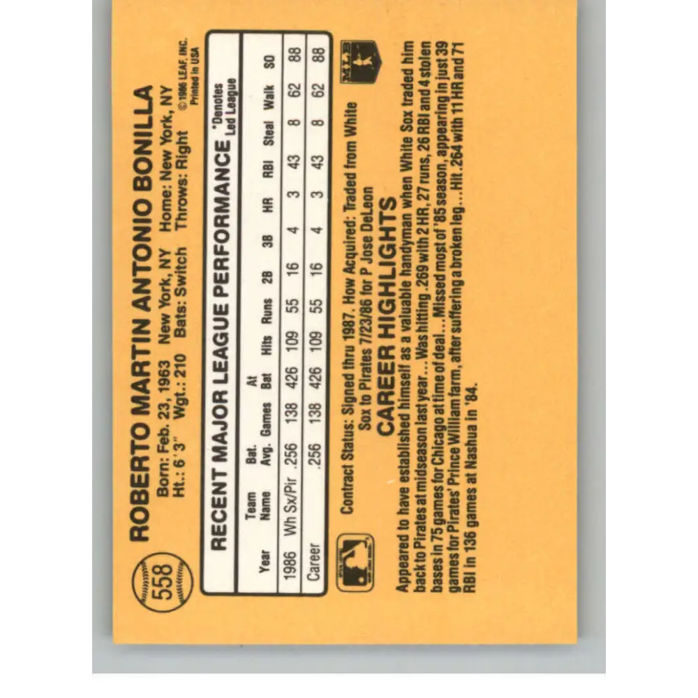 1987 Donruss #558 Bobby Bonilla EX Excellent RC Rookie Pittsburgh Pirates Baseball Card Image 2