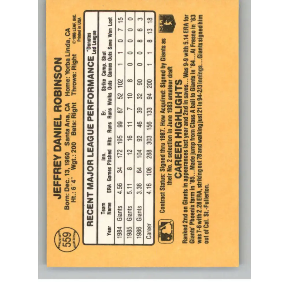 1987 Donruss #559 Jeff Robinson EX Excellent San Francisco Giants Baseball Card Image 2