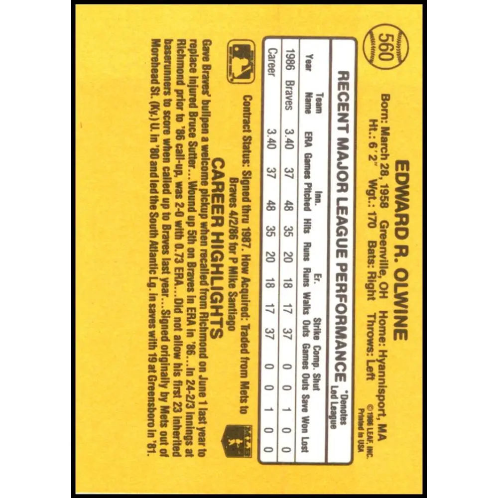 1987 Donruss #560 Ed Olwine EX Excellent RC Rookie Atlanta Braves Baseball Card Image 2