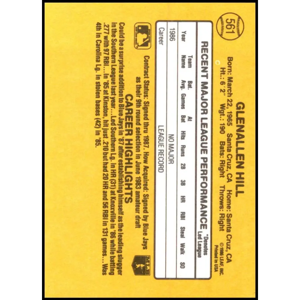 1987 Donruss #561 Glenallen Hill EX Excellent RC Rookie Toronto Blue Jays Baseball Card Image 2