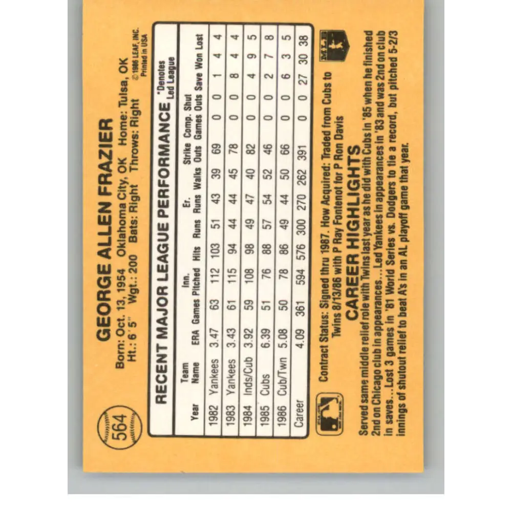 1987 Donruss #564 George Frazier EX Excellent Minnesota Twins Baseball Card Image 2