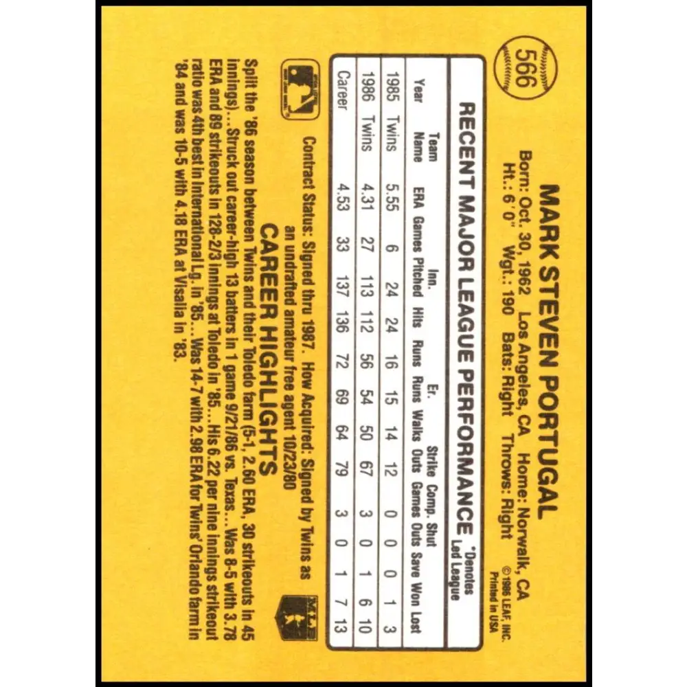 1987 Donruss #566 Mark Portugal EX Excellent RC Rookie Minnesota Twins Baseball Card Image 2
