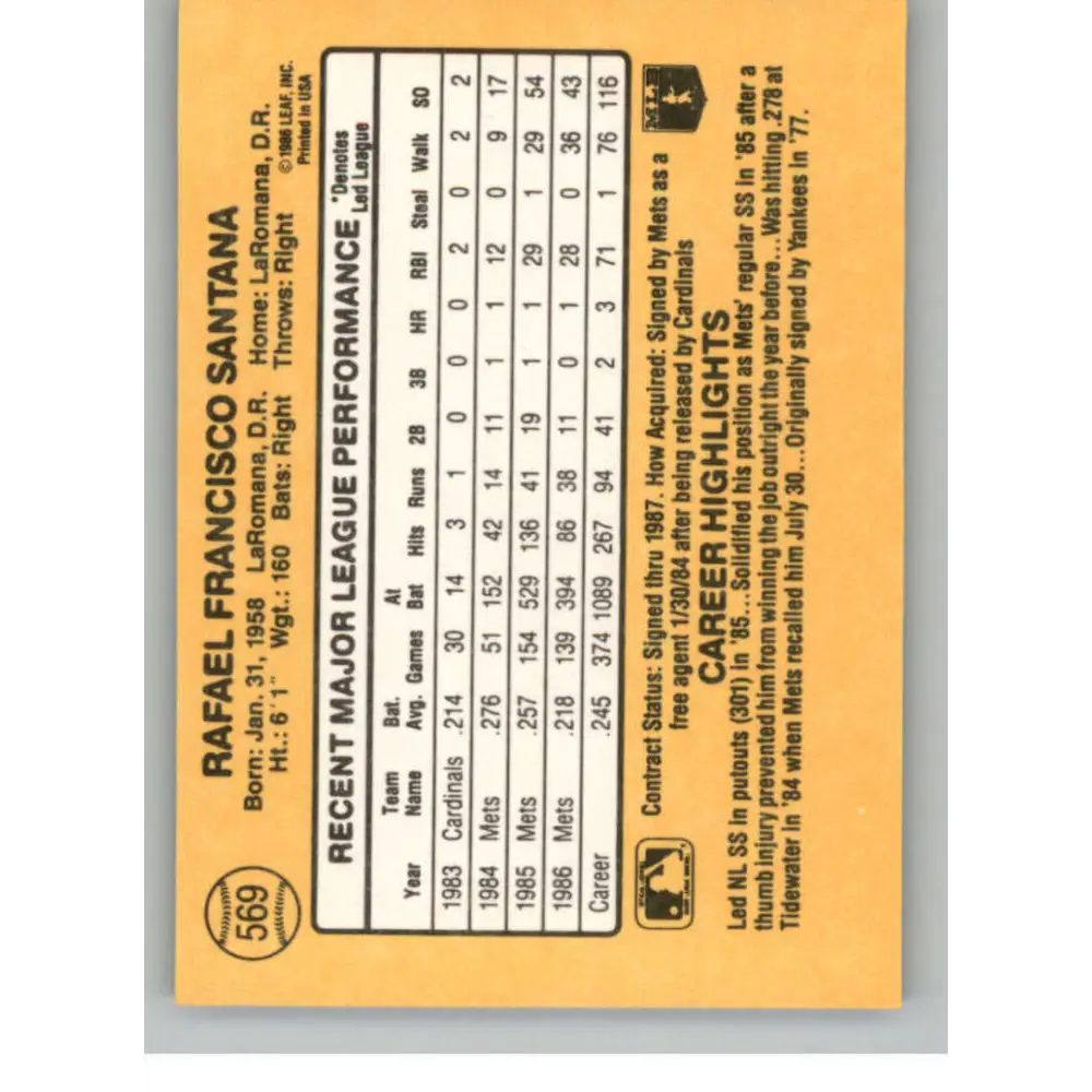 1987 Donruss #569 Rafael Santana EX Excellent New York Mets Baseball Card Image 2
