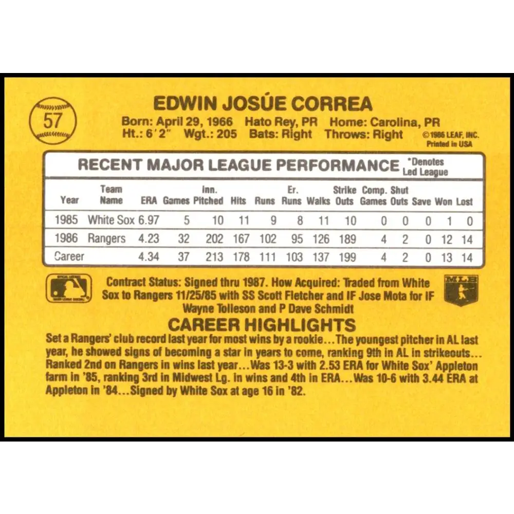 1987 Donruss #57 Ed Correa EX Excellent RC Rookie Texas Rangers Baseball Card Image 2