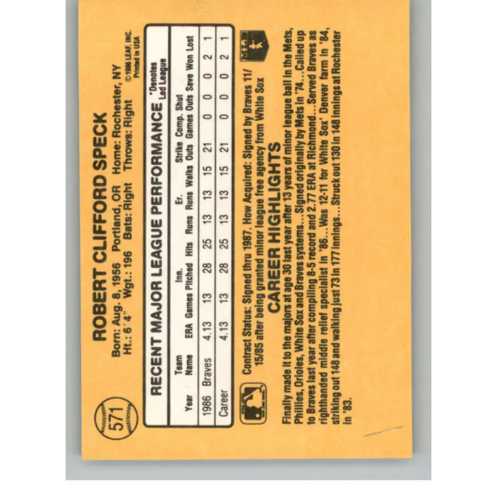1987 Donruss #571 Cliff Speck EX Excellent Atlanta Braves Baseball Card Image 2