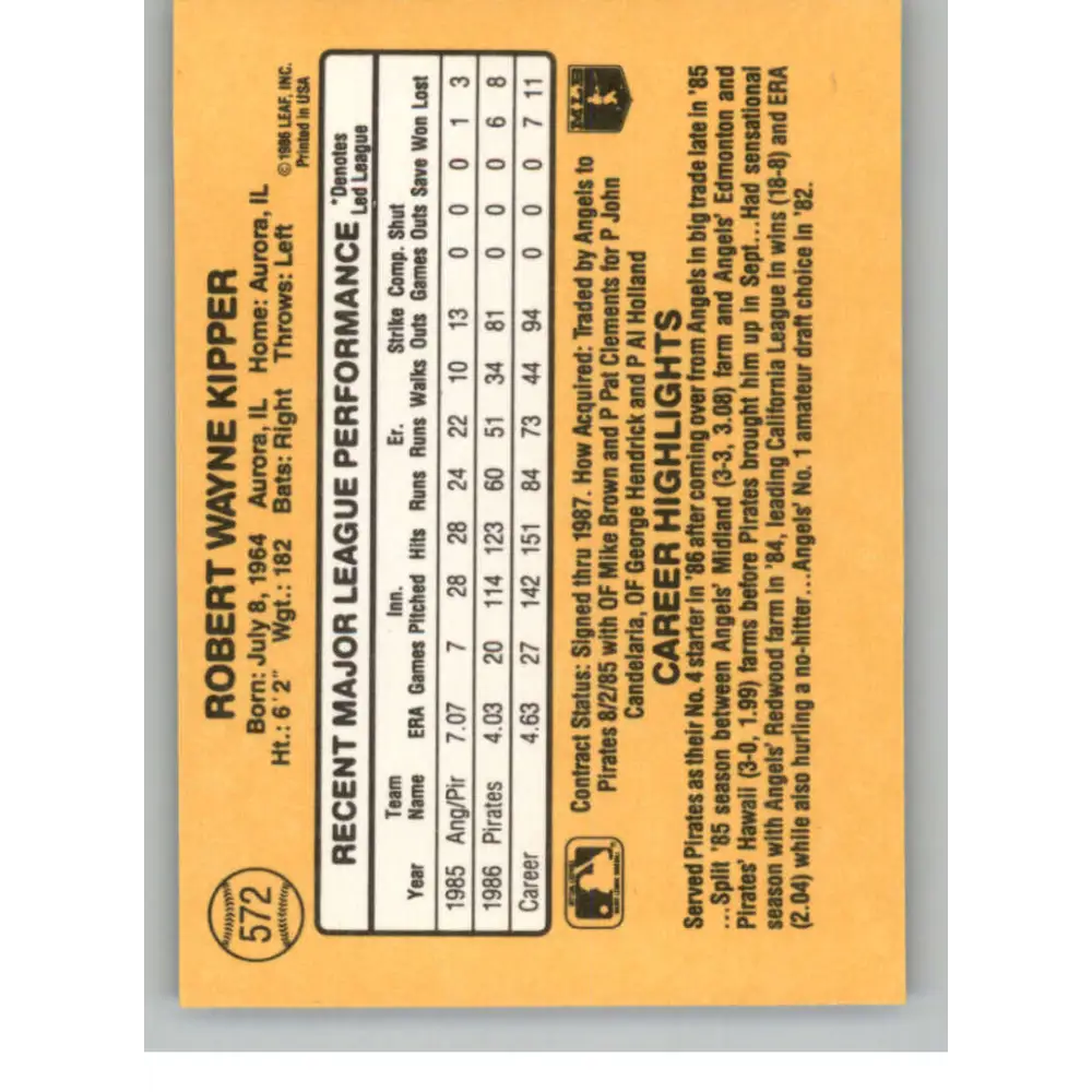 1987 Donruss #572 Bob Kipper EX Excellent Pittsburgh Pirates Baseball Card Image 2