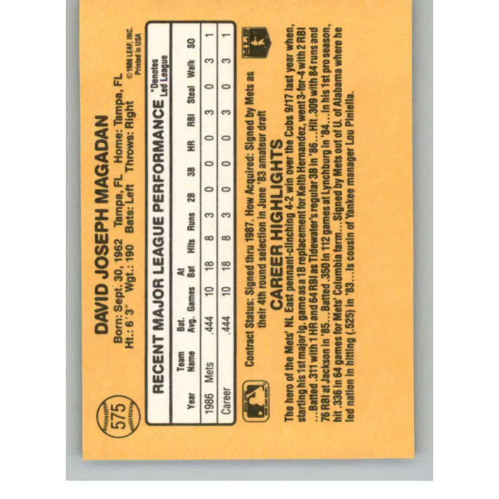1987 Donruss #575 Dave Magadan EX Excellent RC Rookie New York Mets Baseball Card Image 2