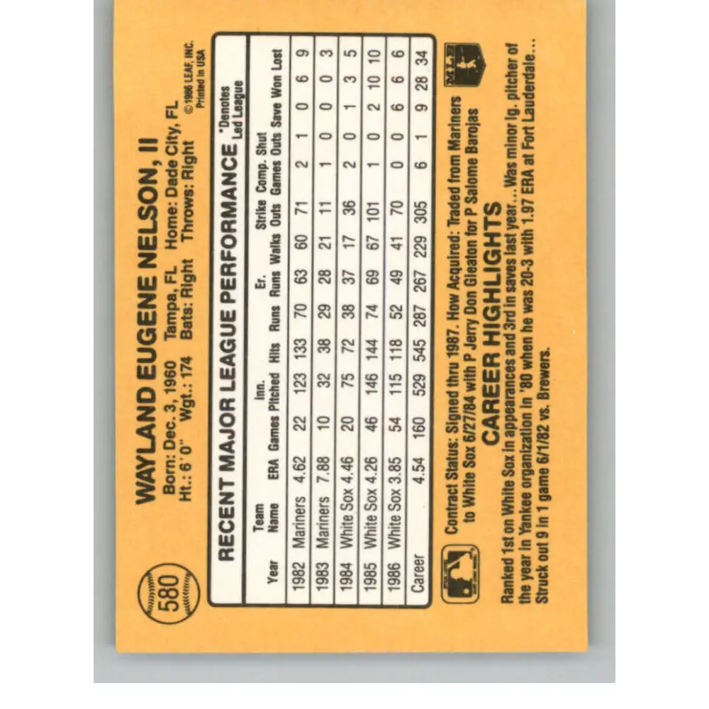1987 Donruss #580 Gene Nelson EX Excellent Chicago White Sox Baseball Card Image 2