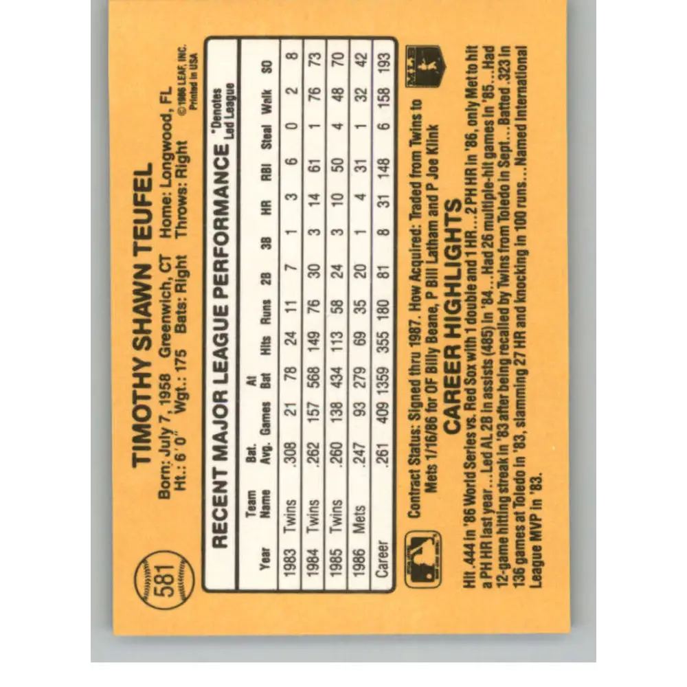 1987 Donruss #581 Tim Teufel EX Excellent New York Mets Baseball Card Image 2