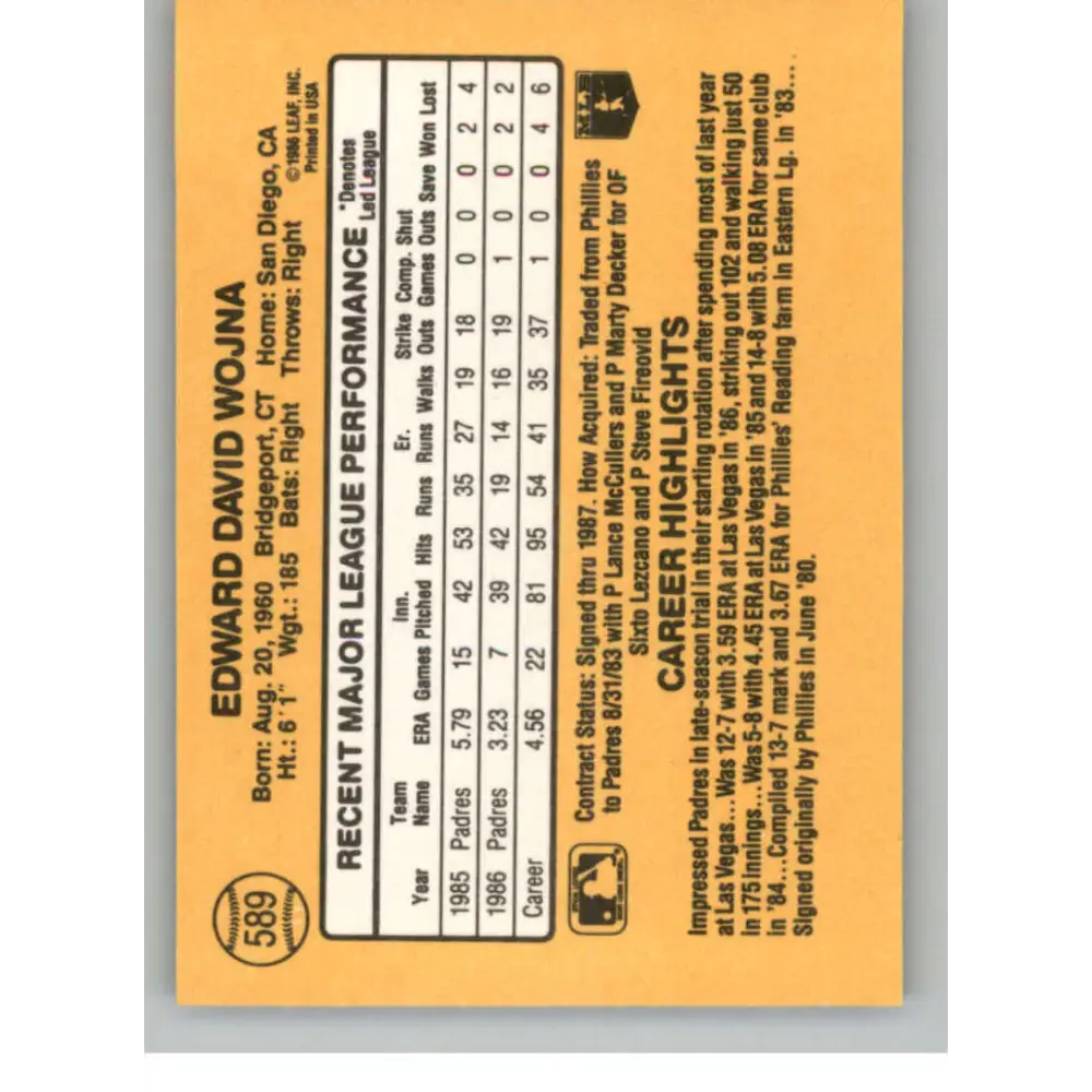 1987 Donruss #589 Ed Wojna EX Excellent San Diego Padres Baseball Card Image 2
