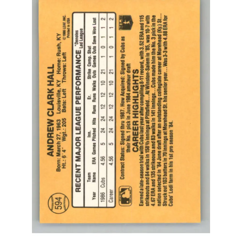 1987 Donruss #594 Drew Hall EX Excellent RC Rookie Chicago Cubs Baseball Card Image 2