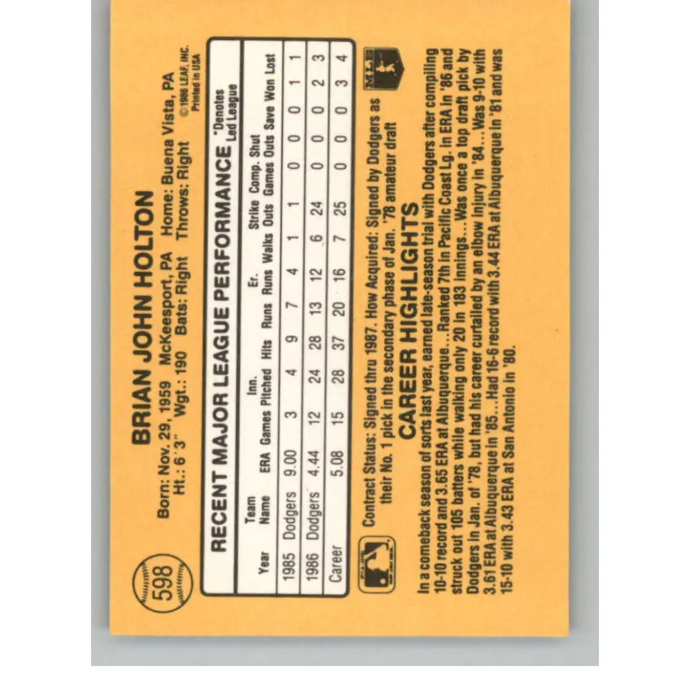 1987 Donruss #598 Brian Holton EX Excellent RC Rookie Los Angeles Dodgers Baseball Card Image 2