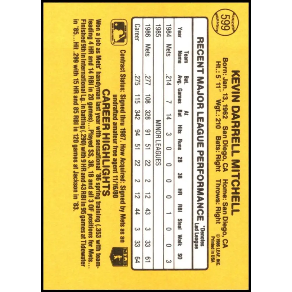 1987 Donruss #599 Kevin Mitchell EX Excellent RC Rookie New York Mets Baseball Card Image 2