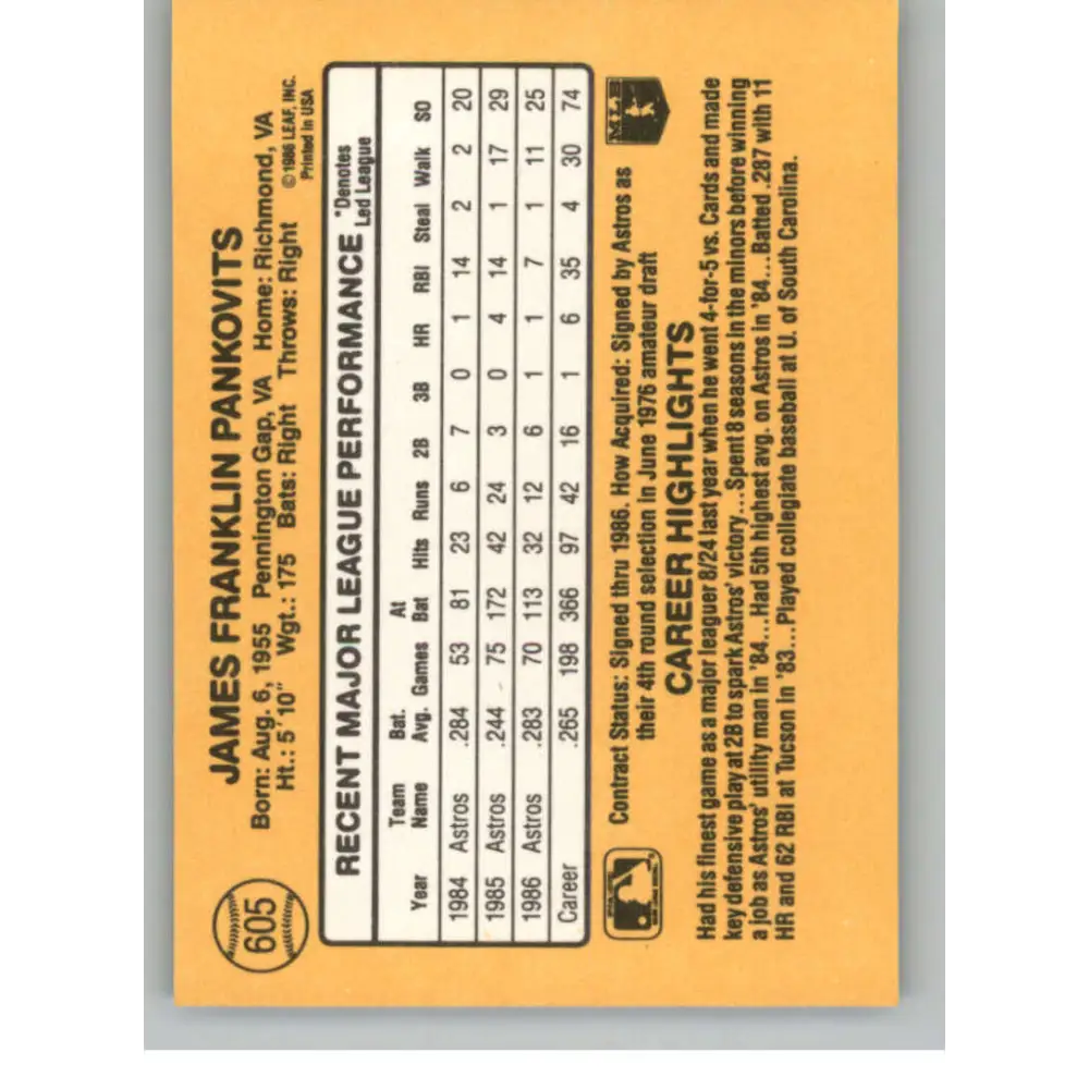 1987 Donruss #605 Jim Pankovits EX Excellent Houston Astros Baseball Card Image 2