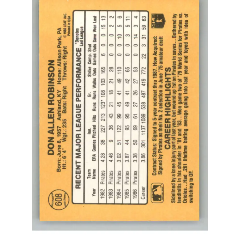 1987 Donruss #608 Don Robinson EX Excellent Pittsburgh Pirates Baseball Card Image 2