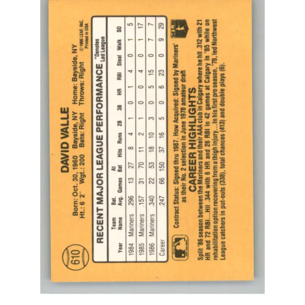 1987 Donruss #610 Dave Valle EX Excellent RC Rookie Seattle Mariners Baseball Card Image 2