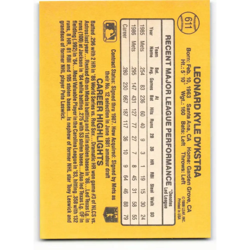 1987 Donruss #611 Lenny Dykstra EX Excellent New York Mets Baseball Card Image 2