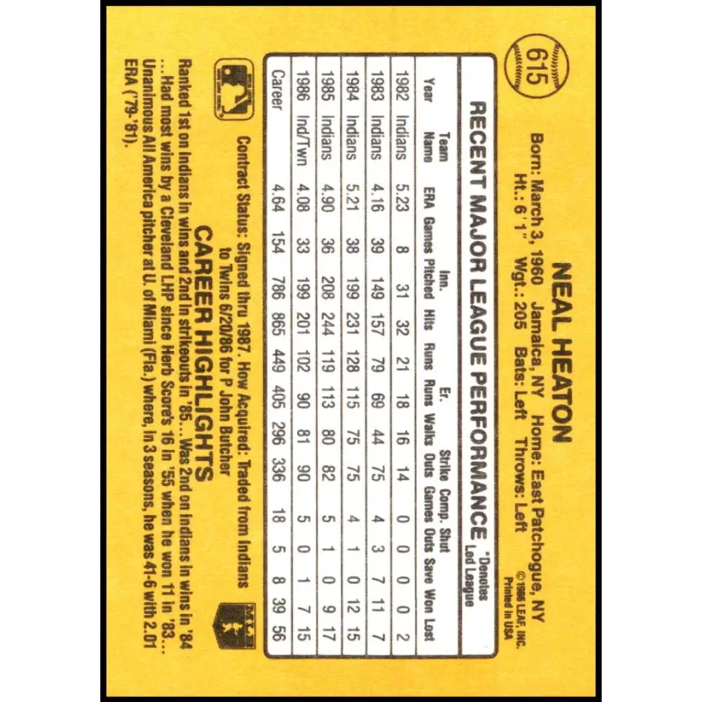 1987 Donruss #615 Neal Heaton EX Excellent Minnesota Twins Baseball Card Image 2