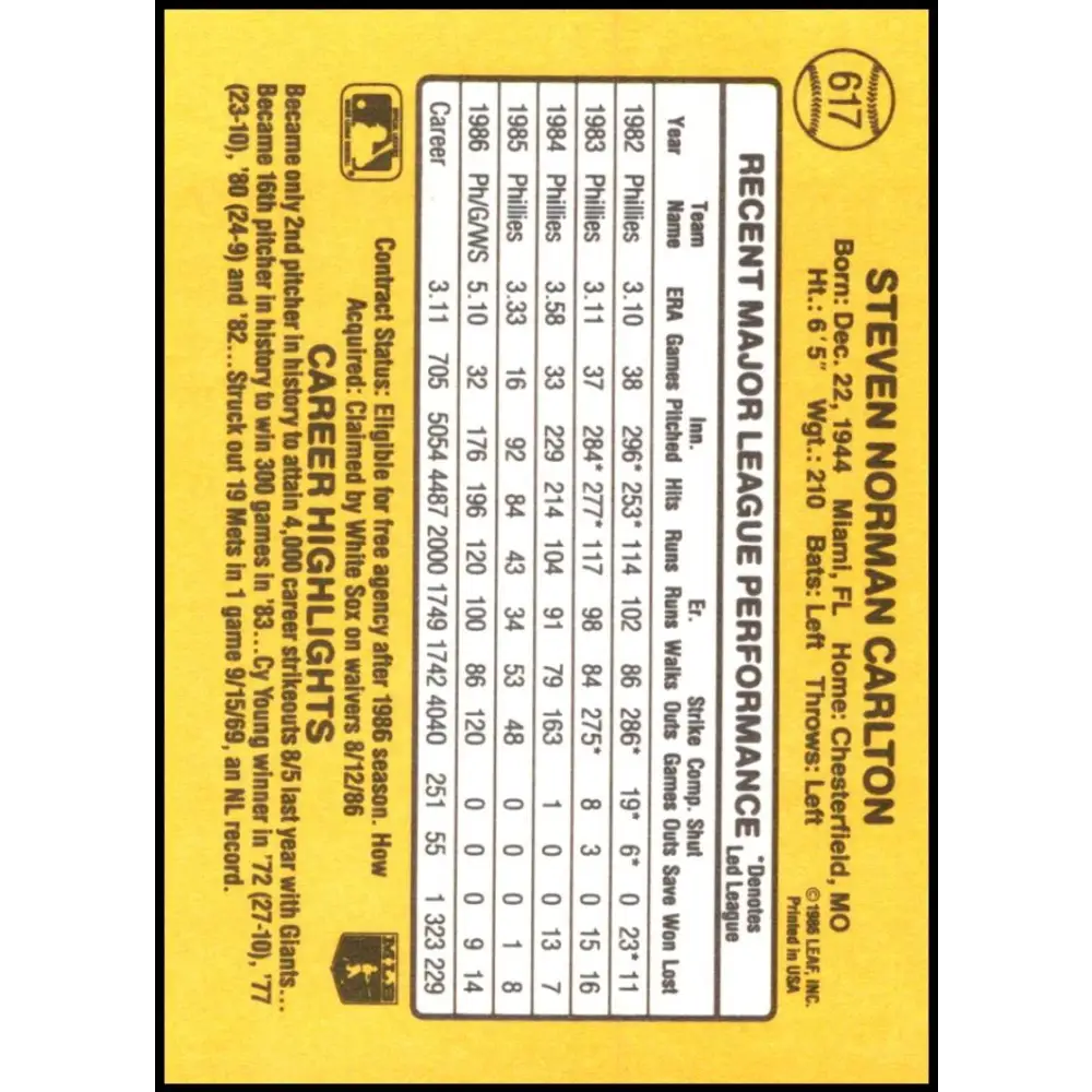 1987 Donruss #617 Steve Carlton EX Excellent Chicago White Sox Baseball Card Image 2