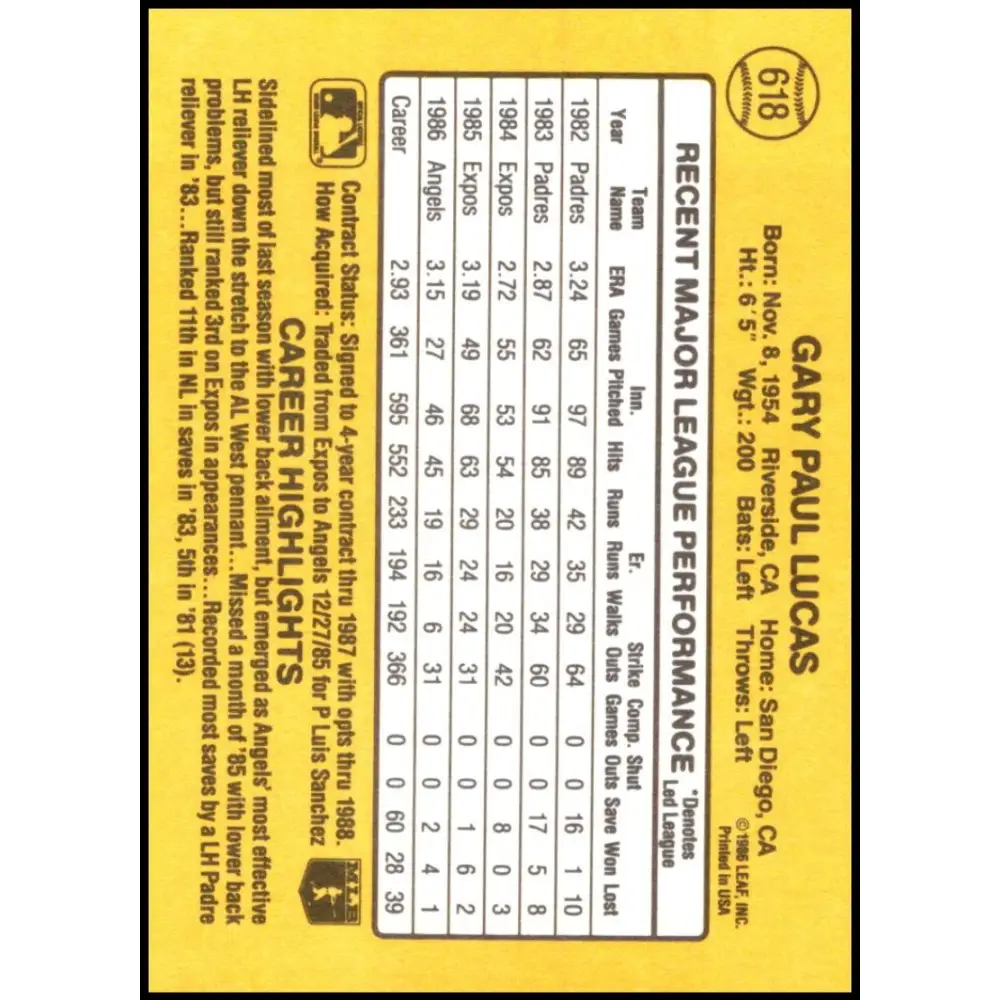 1987 Donruss #618 Gary Lucas EX Excellent California Angels Baseball Card Image 2
