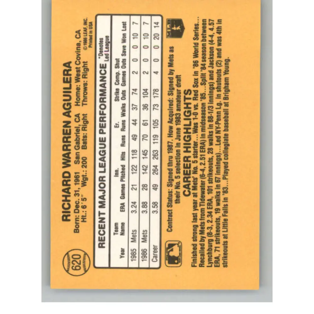 1987 Donruss #620 Rick Aguilera EX Excellent New York Mets Baseball Card Image 2