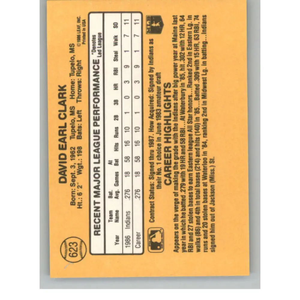 1987 Donruss #623 Dave Clark EX Excellent RC Rookie Cleveland Indians Baseball Card Image 2