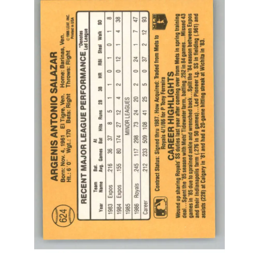 1987 Donruss #624 Angel Salazar EX Excellent Kansas City Royals Baseball Card Image 2
