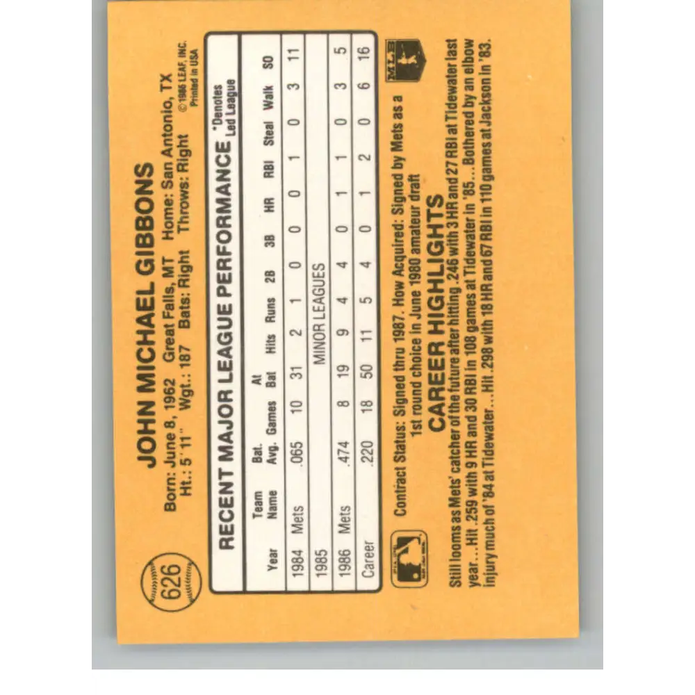 1987 Donruss #626 John Gibbons EX Excellent New York Mets Baseball Card Image 2