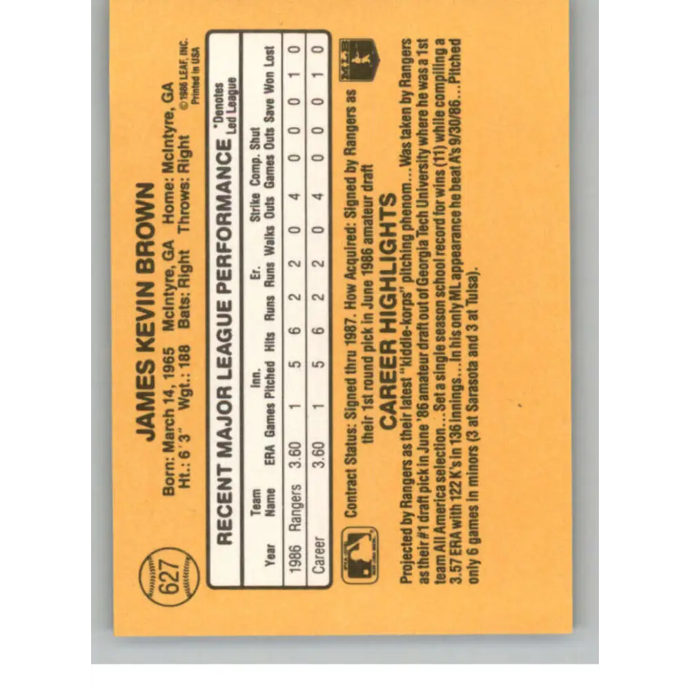 1987 Donruss #627 Kevin Brown EX Excellent RC Rookie Texas Rangers Baseball Card Image 2