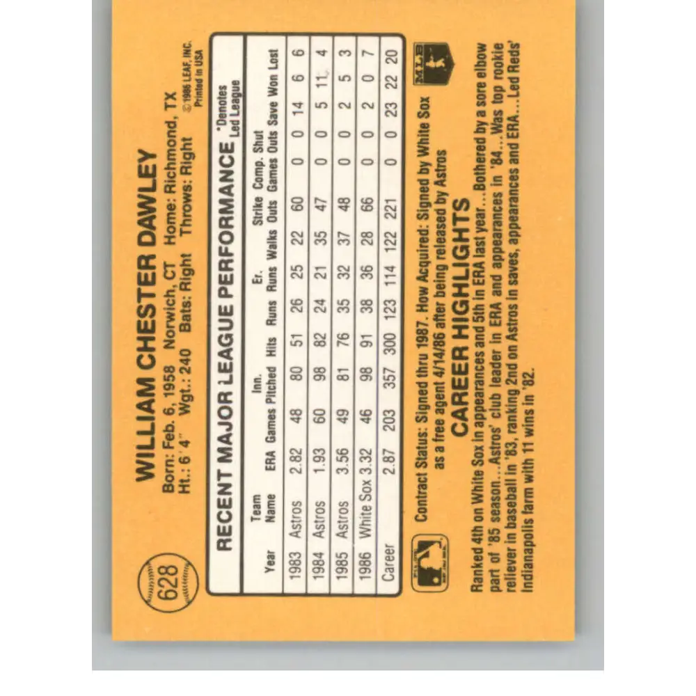 1987 Donruss #628 Bill Dawley EX Excellent Chicago White Sox Baseball Card Image 2