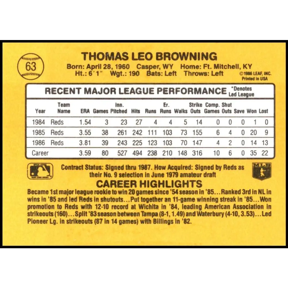 1987 Donruss #63 Tom Browning EX Excellent Cincinnati Reds Baseball Card Image 2