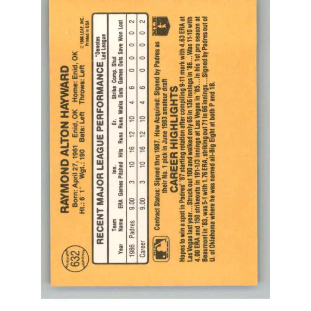 1987 Donruss #632 Ray Hayward EX Excellent RC Rookie San Diego Padres Baseball Card Image 2