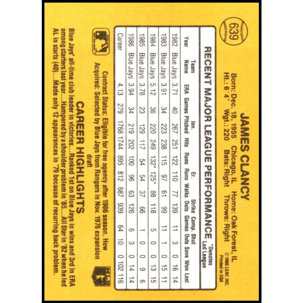 1987 Donruss #639 Jim Clancy EX Excellent Toronto Blue Jays Baseball Card Image 2