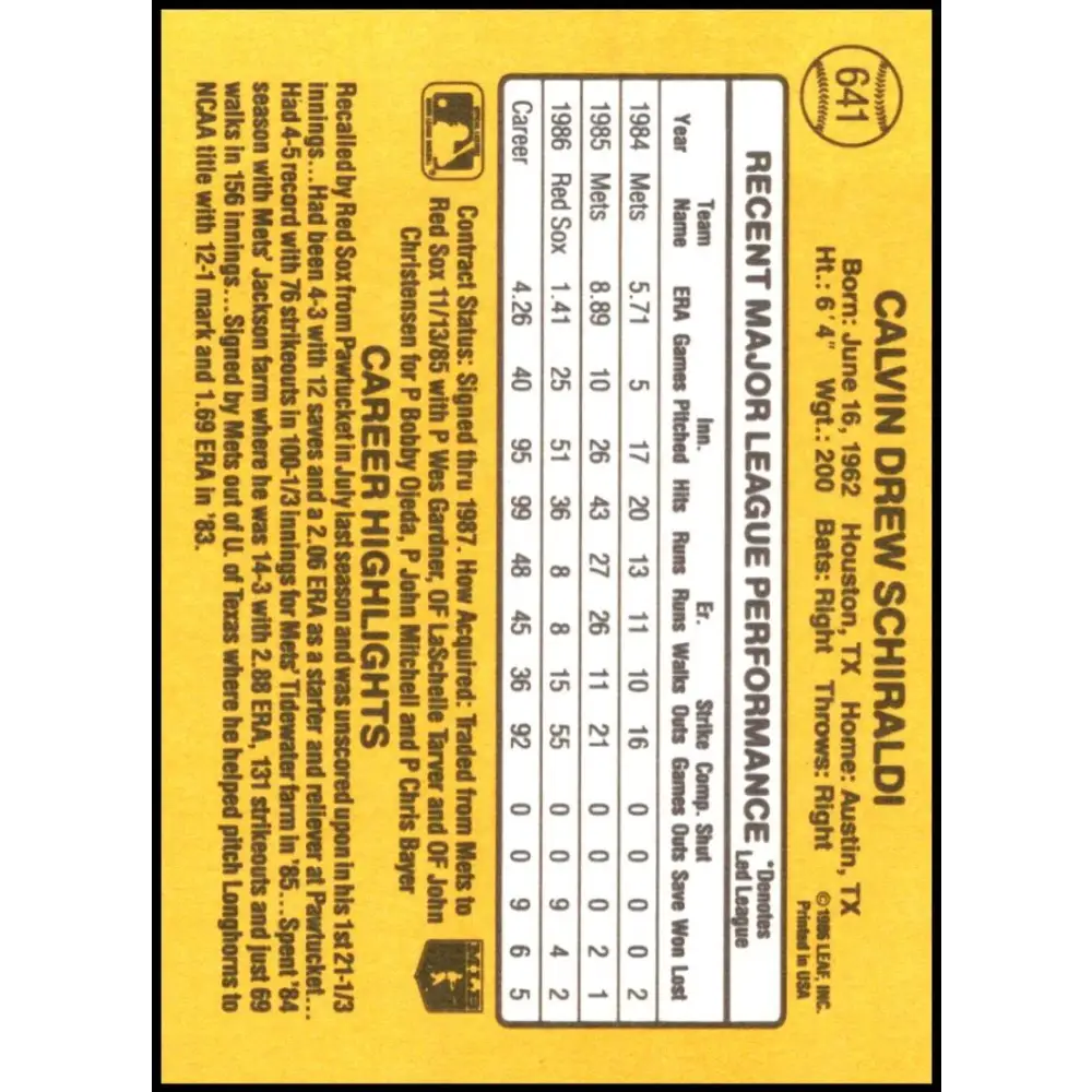 1987 Donruss #641 Calvin Schiraldi EX Excellent Boston Red Sox Baseball Card Image 2