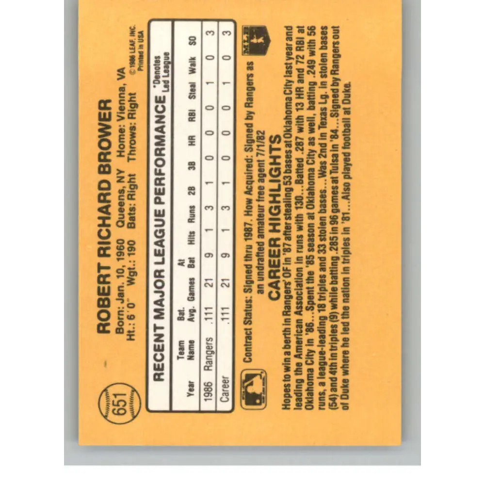 1987 Donruss #651 Bob Brower EX Excellent RC Rookie Texas Rangers Baseball Card Image 2