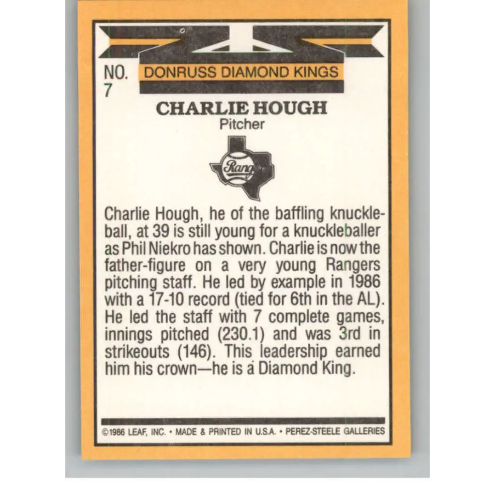 1987 Donruss #7 Charlie Hough EX Excellent Texas Rangers Baseball Card Image 2