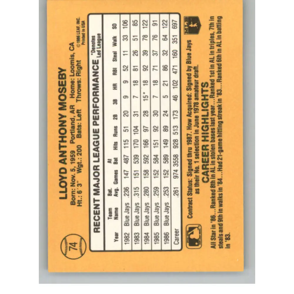 1987 Donruss #74 Lloyd Moseby EX Excellent Toronto Blue Jays Baseball Card Image 2
