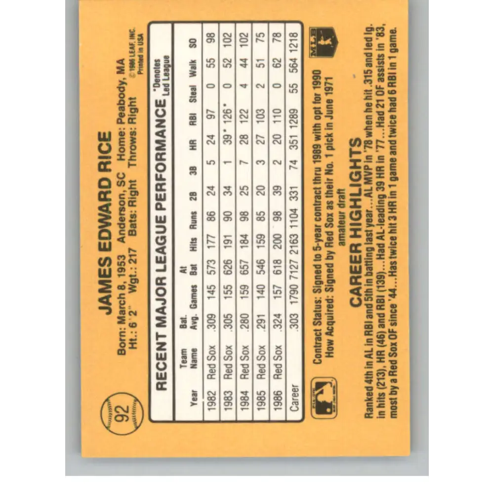 1987 Donruss #92 Jim Rice EX Excellent Boston Red Sox Baseball Card Image 2