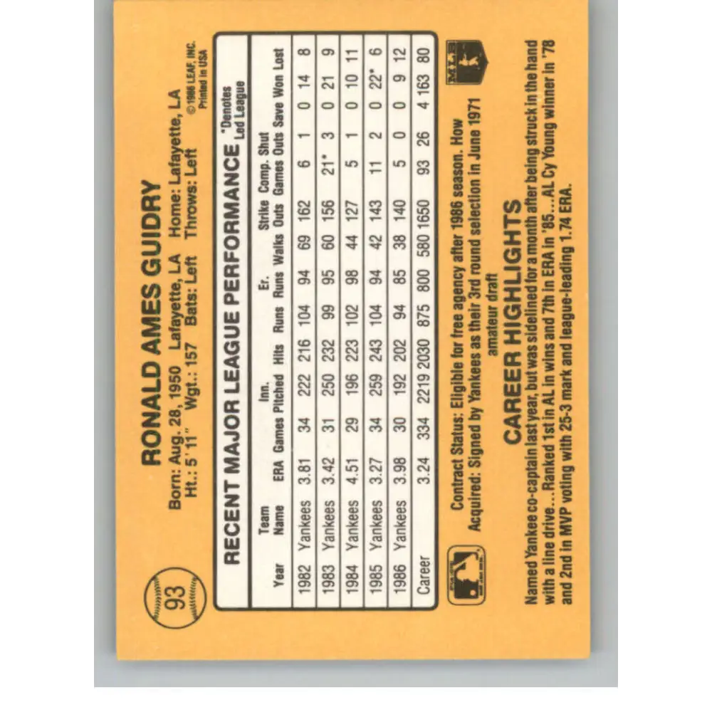 1987 Donruss #93 Ron Guidry EX Excellent New York Yankees Baseball Card Image 2