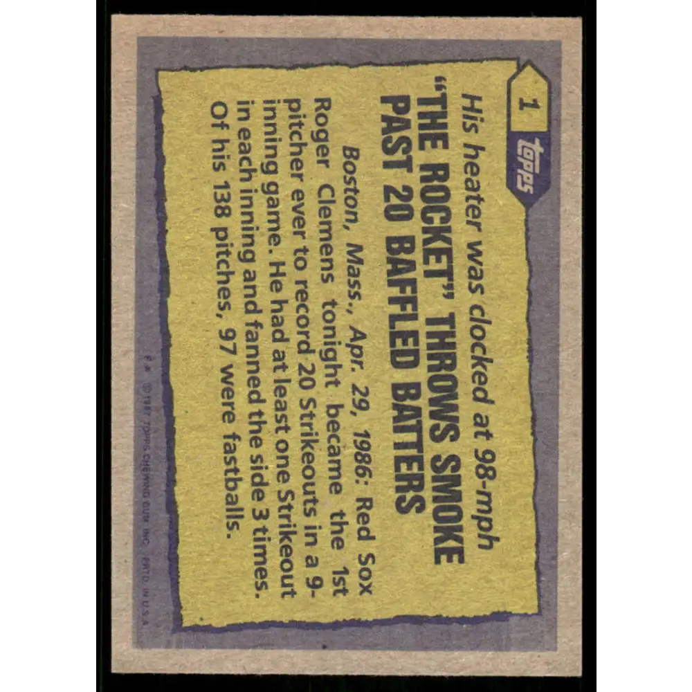 1987 Topps #1 Roger Clemens EX/NM Boston Red Sox Baseball Card Image 2