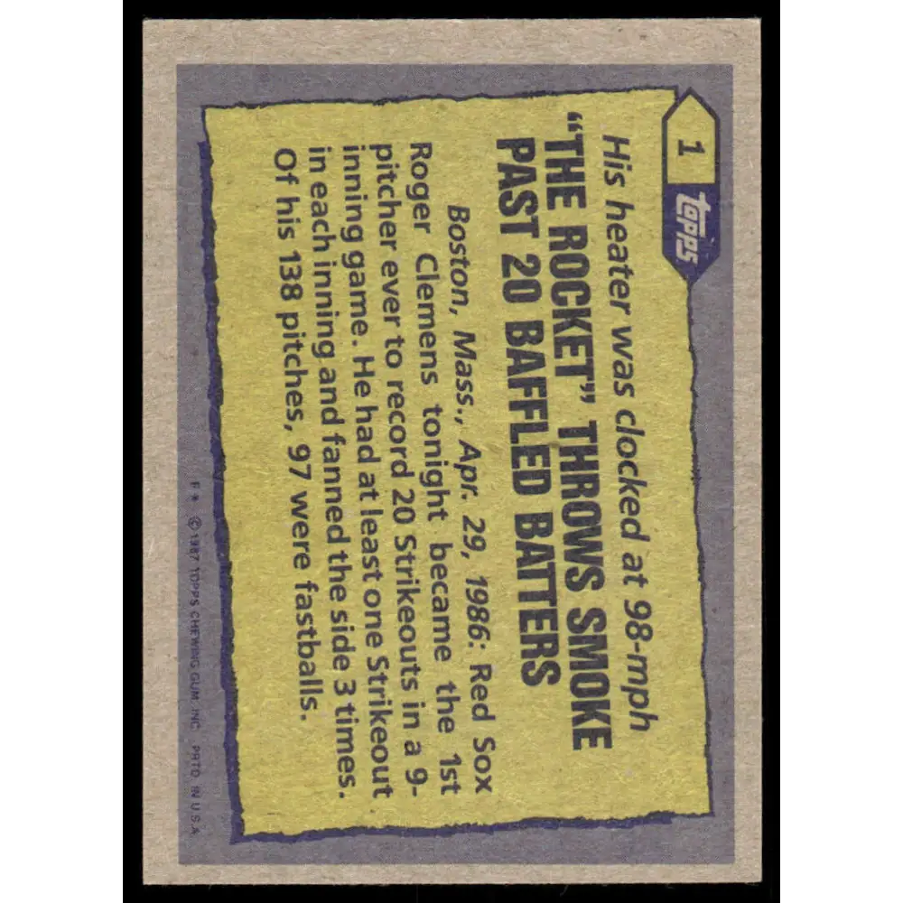 1987 Topps #1 Roger Clemens EX/NM Boston Red Sox Baseball Card Image 2