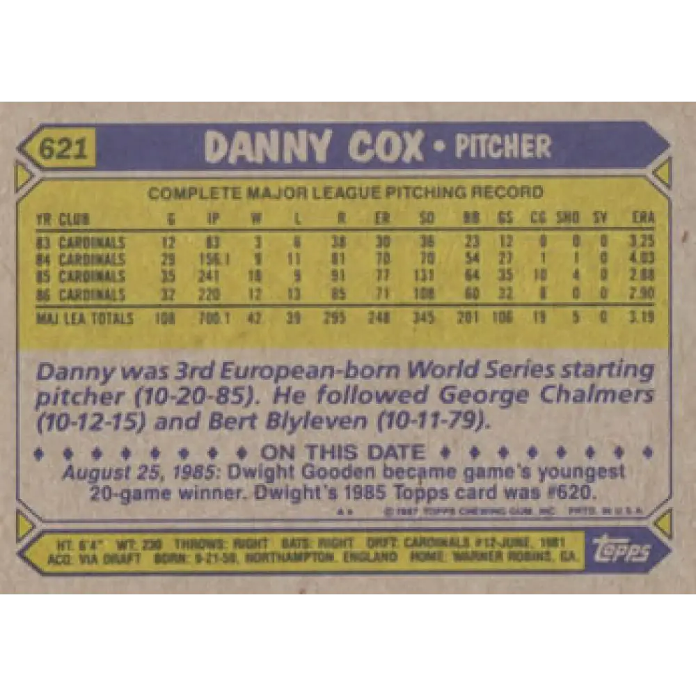 1987 Topps #621 Danny Cox EX Excellent St. Louis Cardinals Baseball Card Image 2