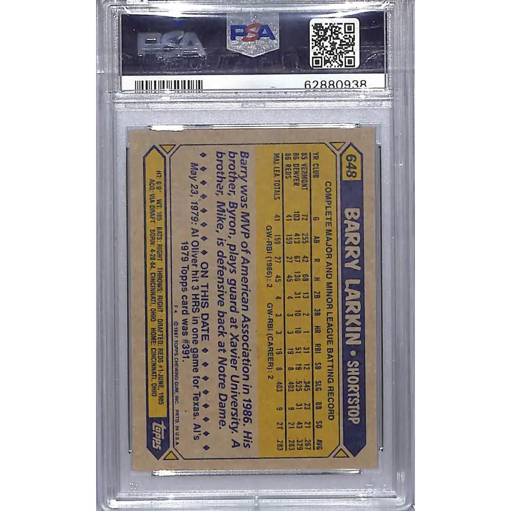 1987 Topps #648 Barry Larkin PSA 10 GEM MINT RC Rookie Cincinnati Reds Baseball Card Image 2
