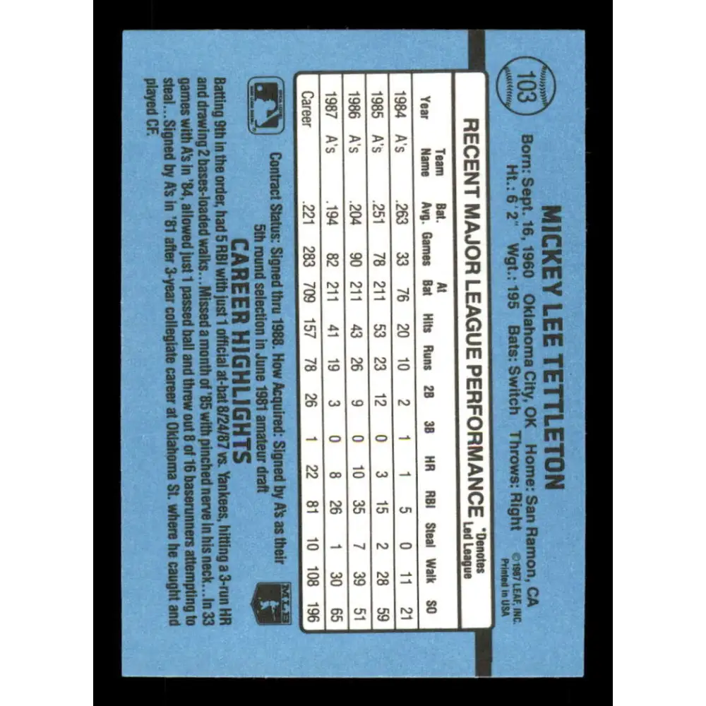 1988 Donruss #103 Mickey Tettleton EX Oakland Athletics Baseball Card Image 2