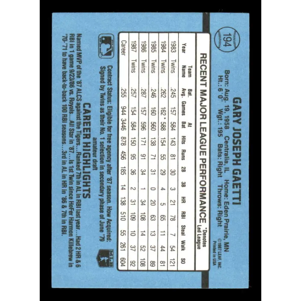 1988 Donruss #194 Gary Gaetti EX Minnesota Twins Baseball Card Image 2